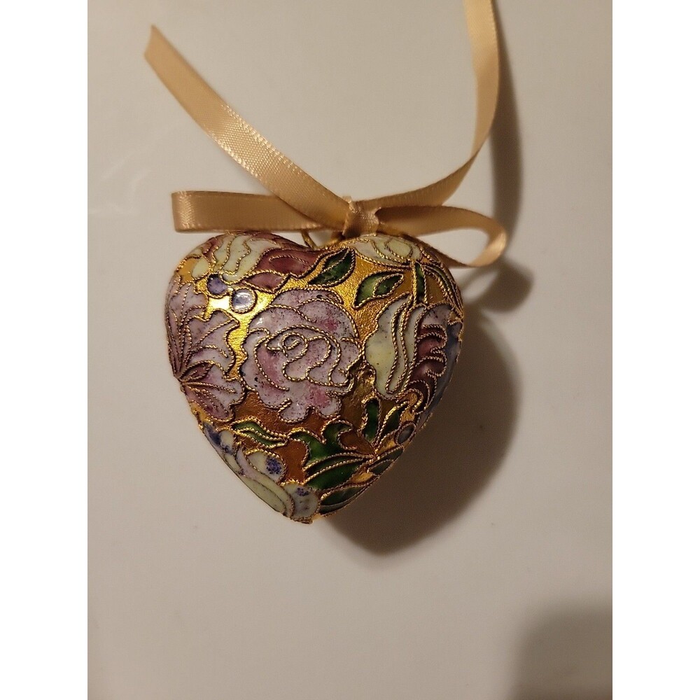 Cloisonne Heart Asian Chinese Blue and Pink Flowers with Gold 2" Tall